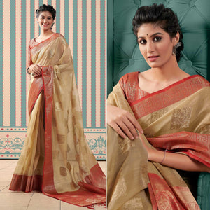 Beige Woven Linen Saree With Tassels - Peachmode