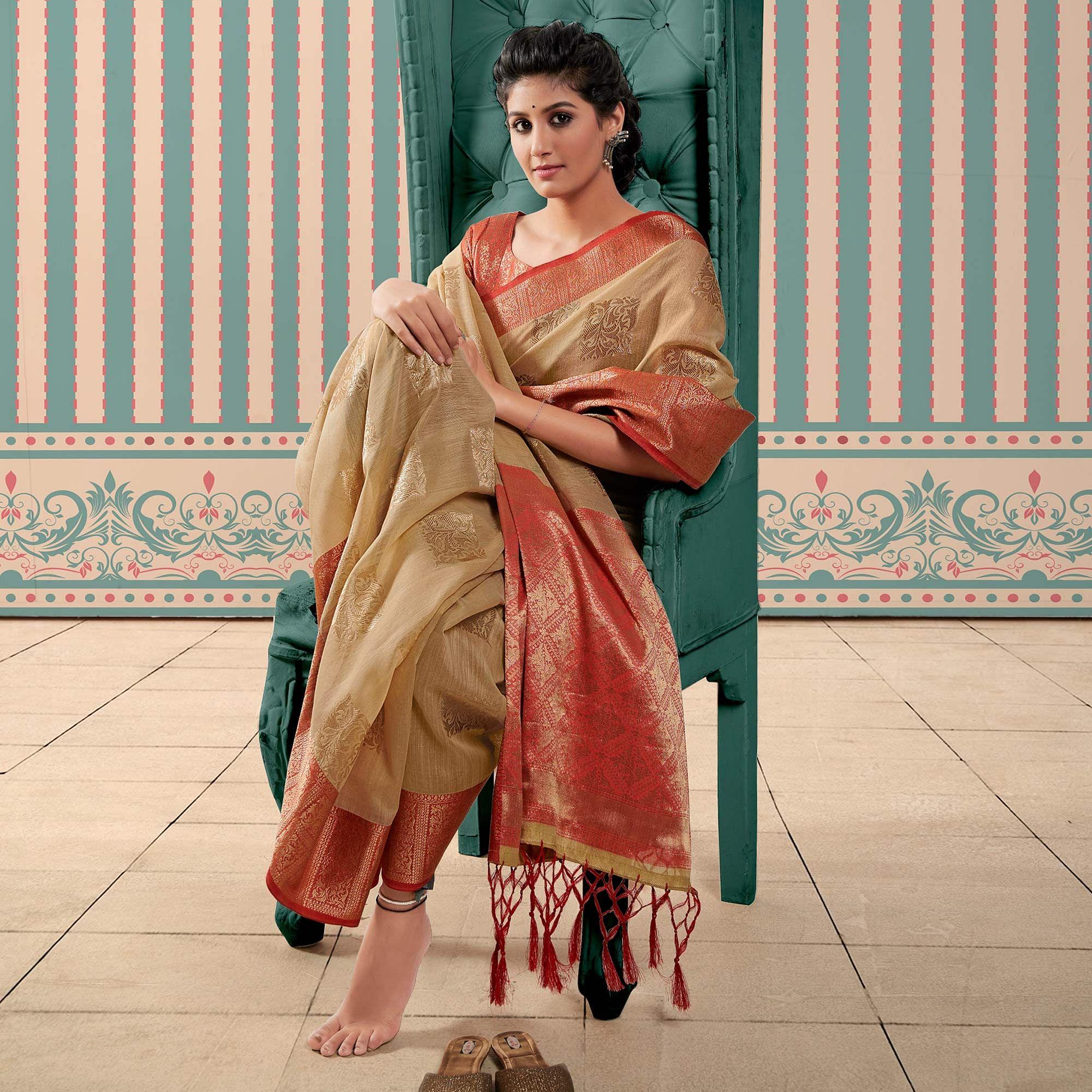 Beige Woven Linen Saree With Tassels - Peachmode