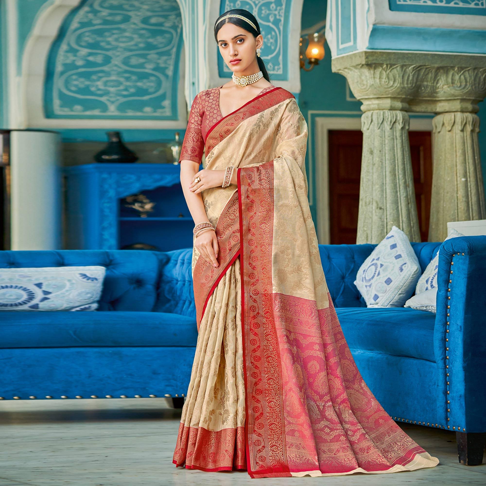 Beige Woven Poly Cotton Saree - Peachmode