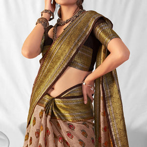 Beige Woven-Printed Chanderi Saree - Peachmode