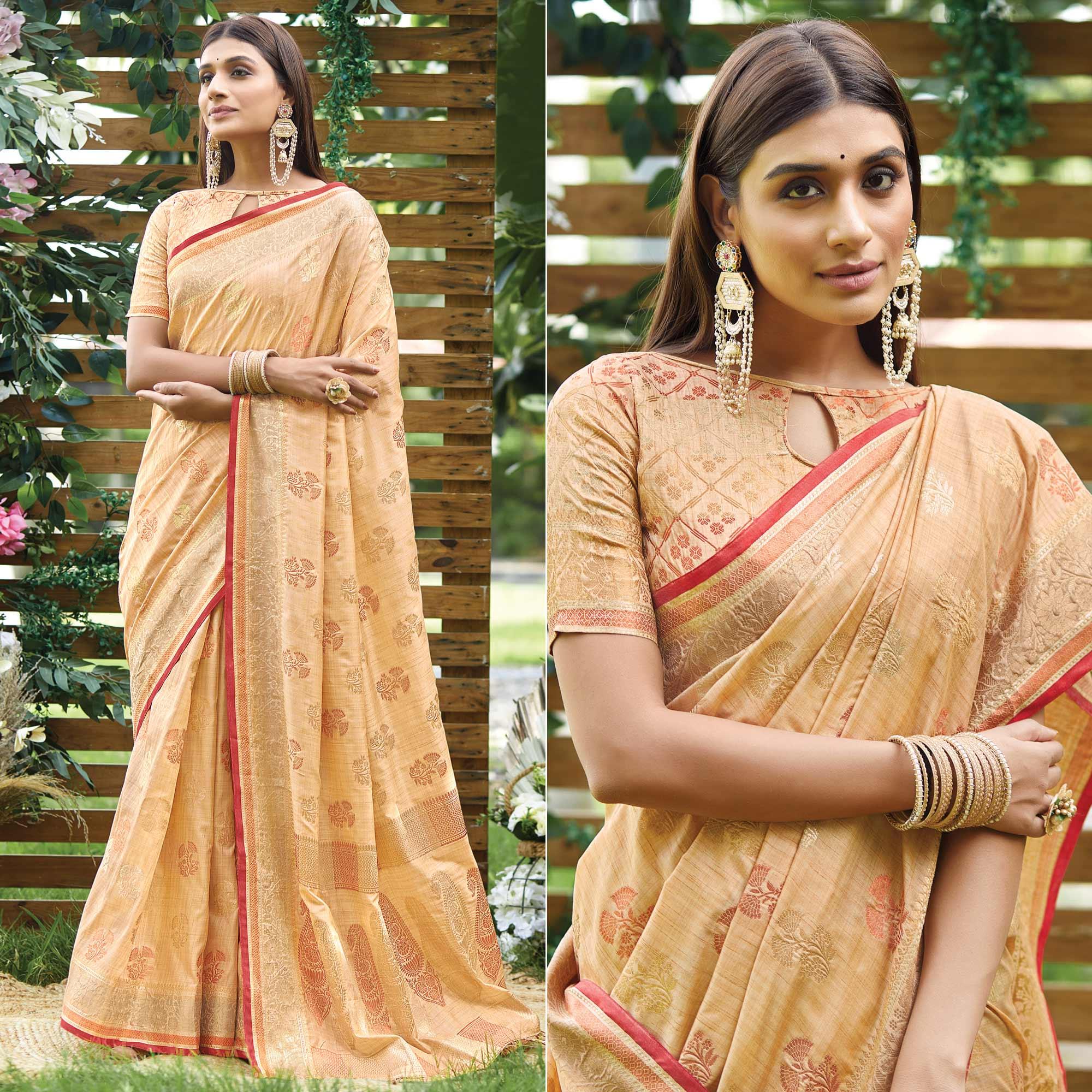 Beige Woven Raw Silk Saree With Tassels - Peachmode