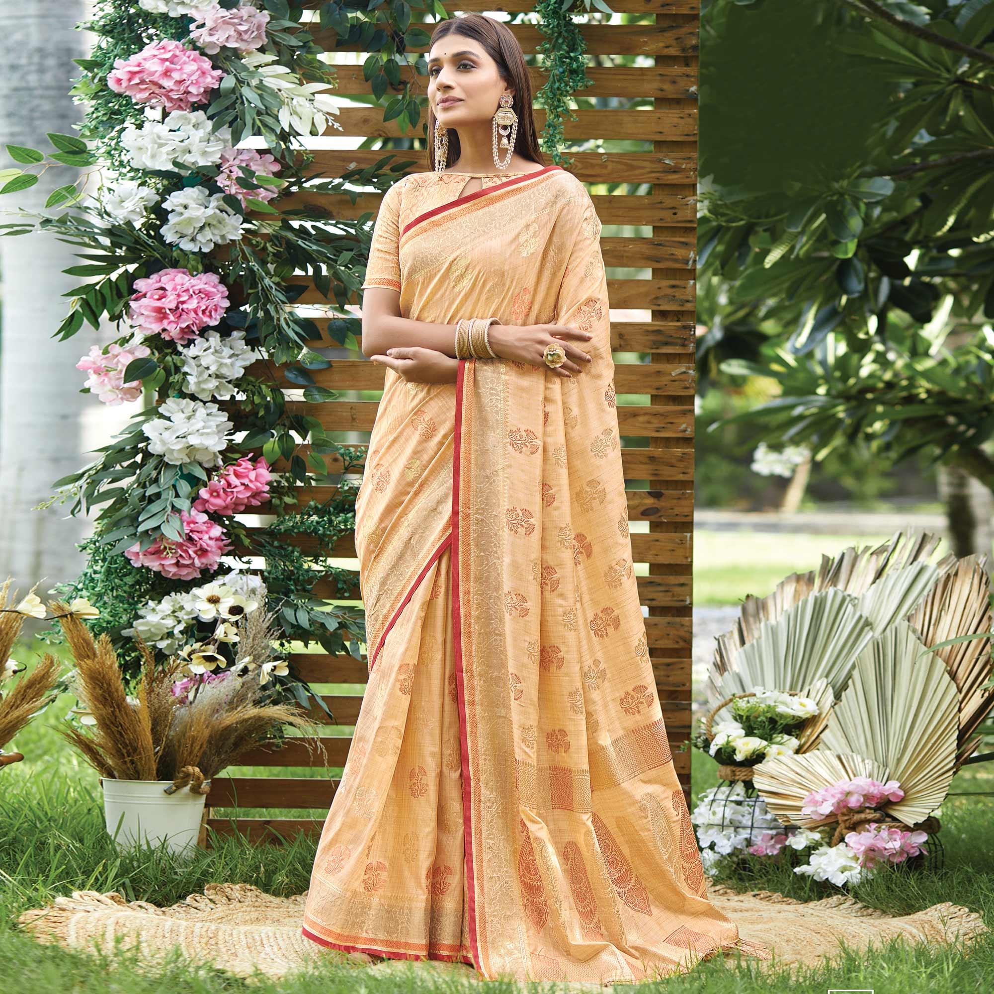 Beige Woven Raw Silk Saree With Tassels - Peachmode