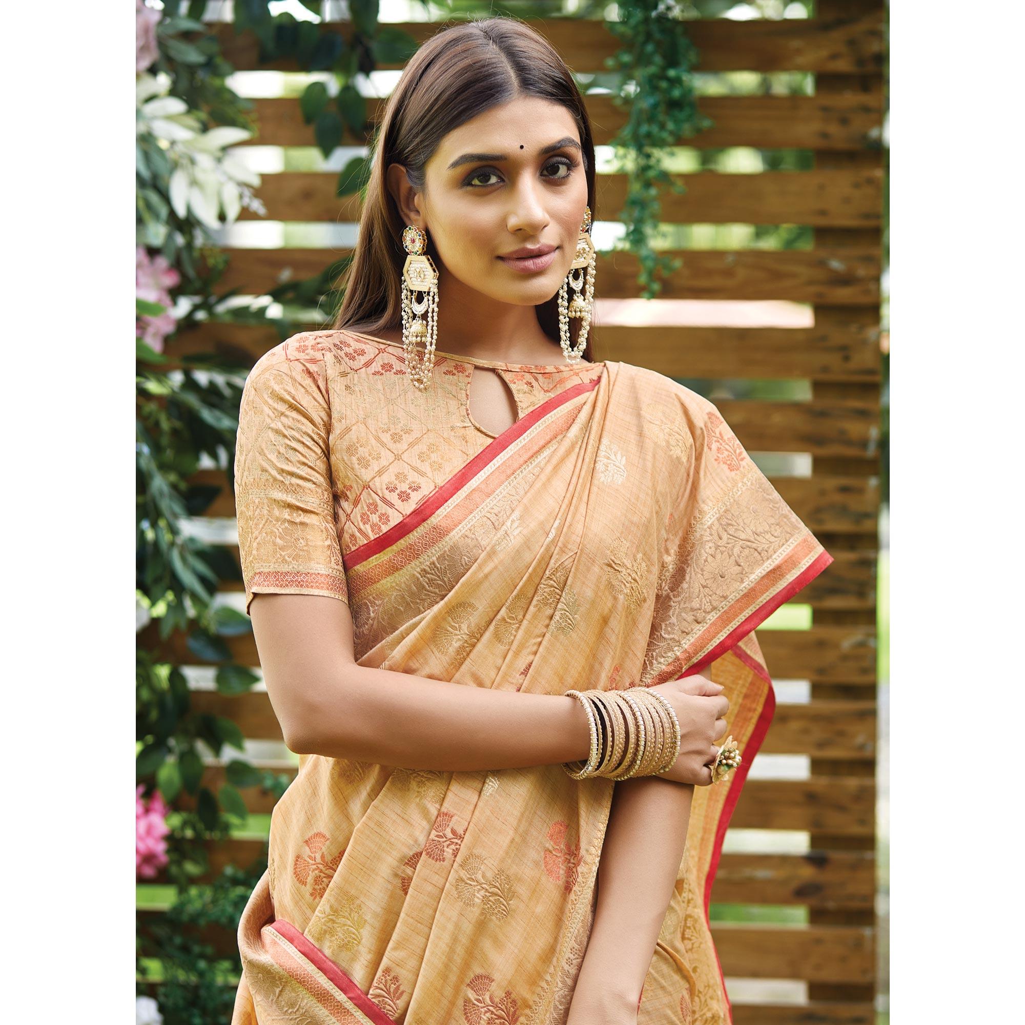 Beige Woven Raw Silk Saree With Tassels - Peachmode