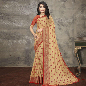 Beige Woven Vichitra Silk Saree - Peachmode