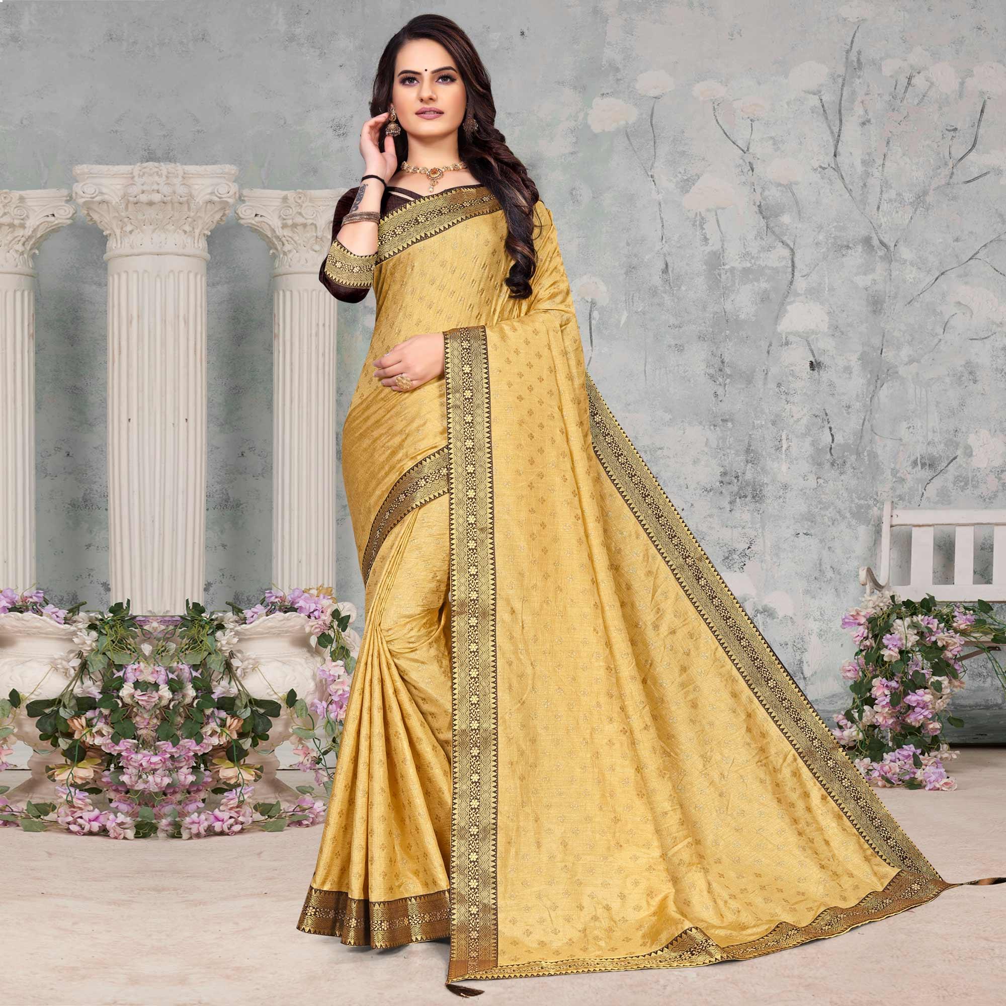 Beige Woven Vichitra Silk Saree - Peachmode