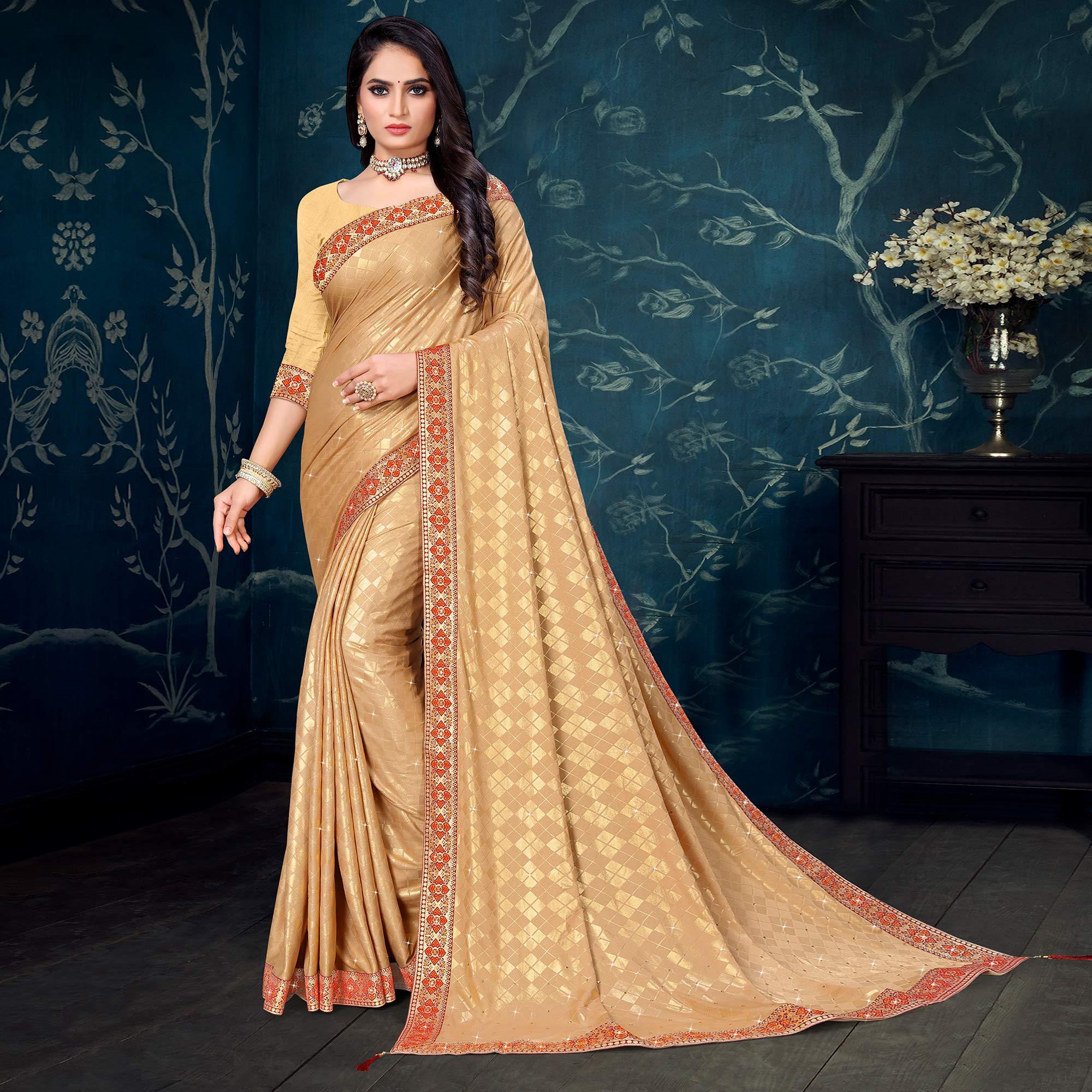 Beige Woven With Diamond Work Art Silk Saree - Peachmode