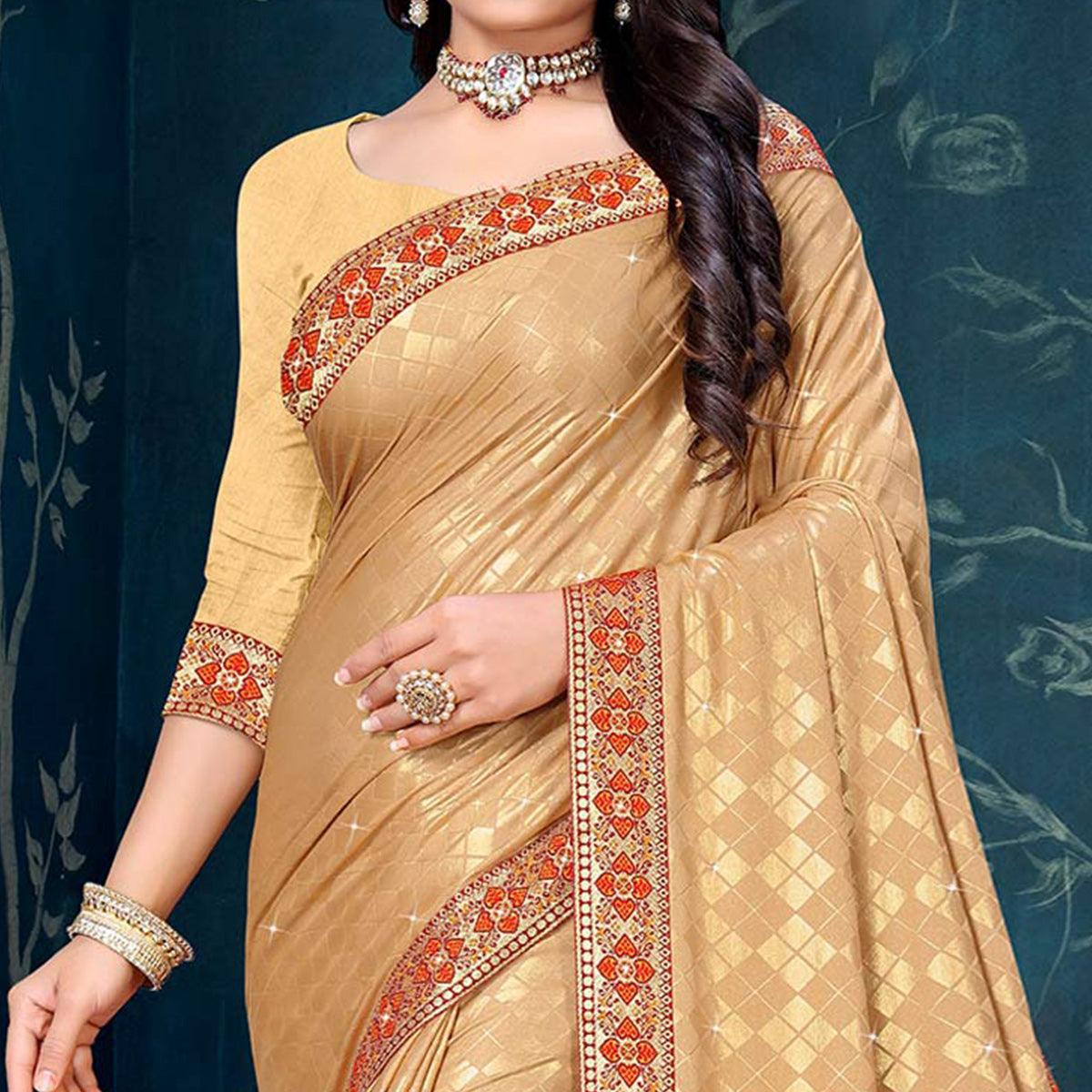 Beige Woven With Diamond Work Art Silk Saree - Peachmode