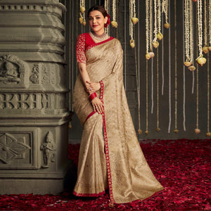 Beige Woven With Embellished Art Silk Saree With Tassels - Peachmode