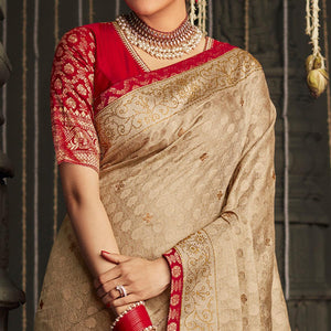 Beige Woven With Embellished Art Silk Saree With Tassels - Peachmode
