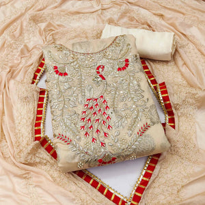 Beige Woven With Embellished Jacquard Dress Material - Peachmode