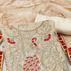 Beige Woven With Embellished Jacquard Dress Material - Peachmode