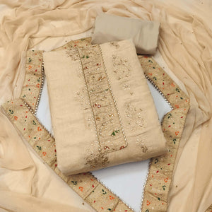 Beige Woven With Embroidered Jacquard Dress Material - Peachmode