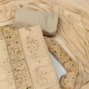 Beige Woven With Embroidered Jacquard Dress Material - Peachmode