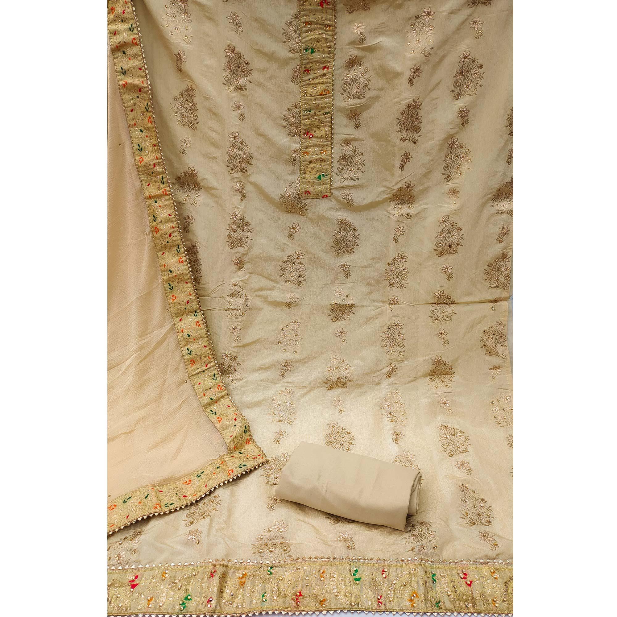 Beige Woven With Embroidered Jacquard Dress Material - Peachmode