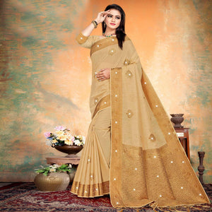 Beige Woven With Swarovski Cotton Silk Saree - Peachmode