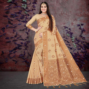 Beige Woven With Swarovski Cotton Silk Saree - Peachmode