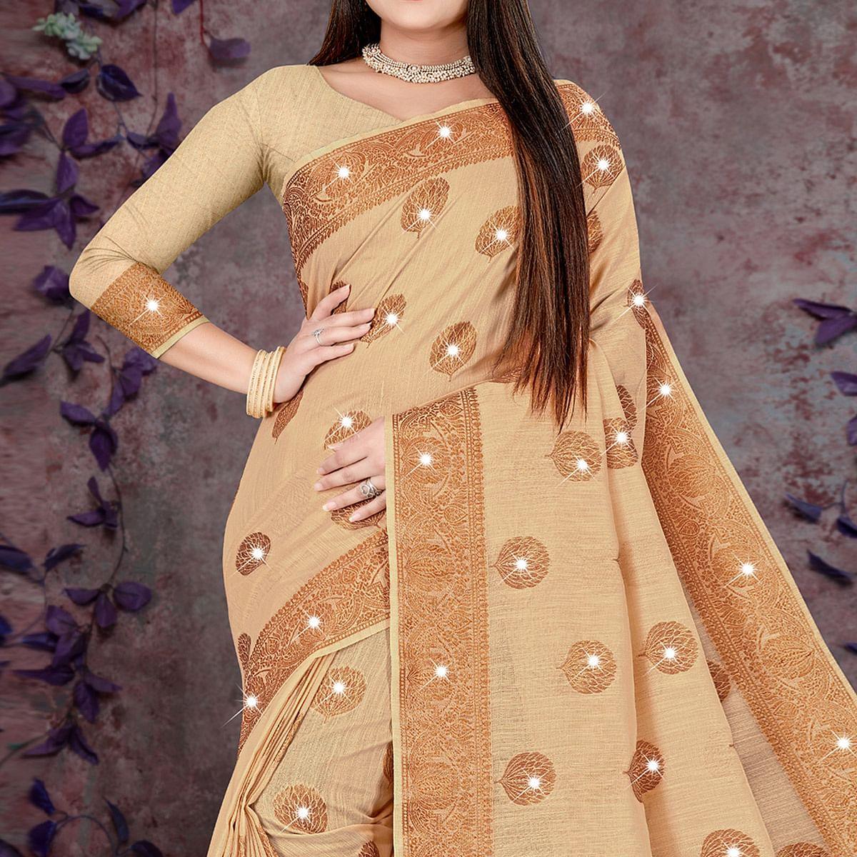 Beige Woven With Swarovski Cotton Silk Saree - Peachmode