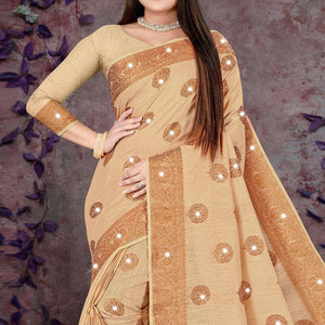 Beige Woven With Swarovski Cotton Silk Saree - Peachmode