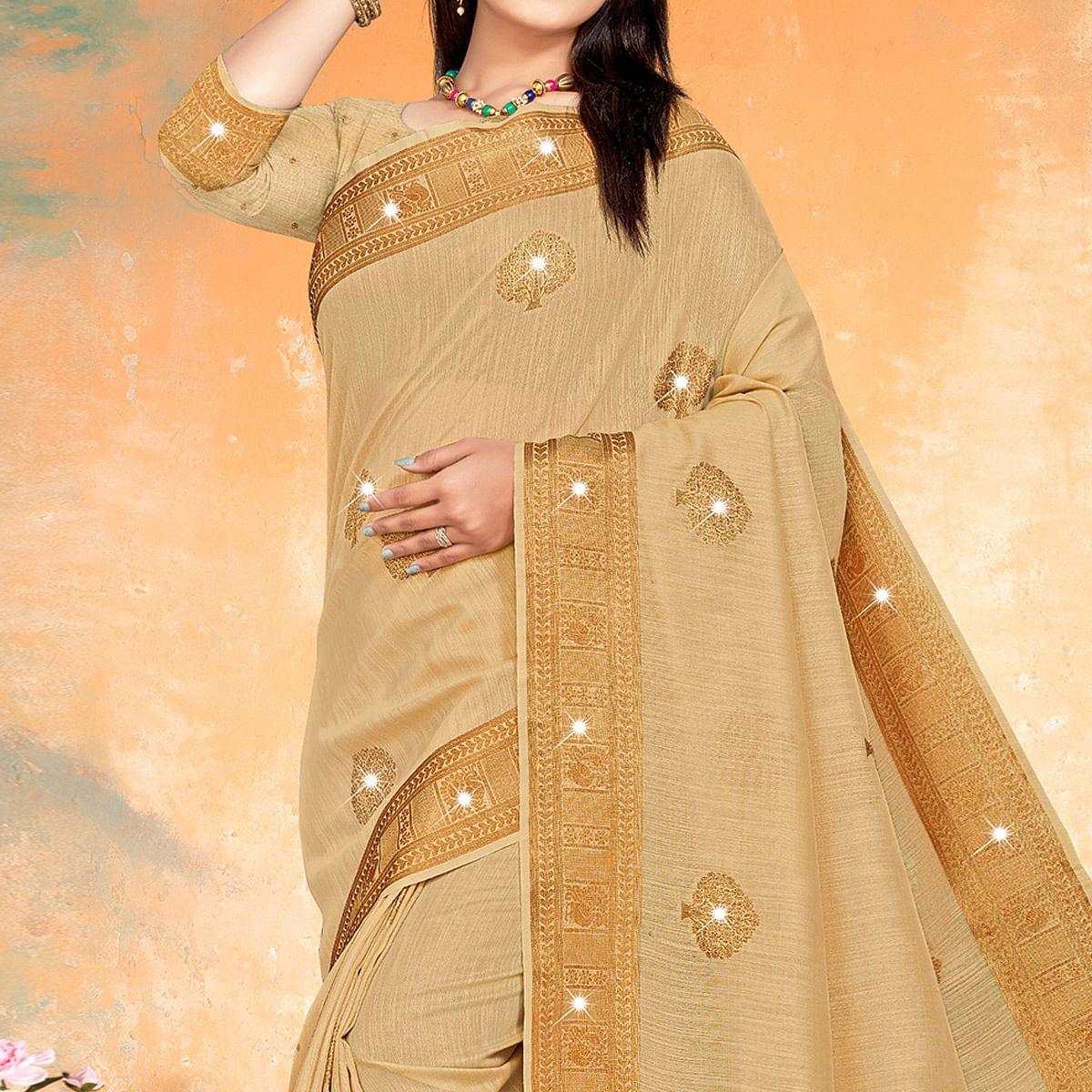 Beige Woven With Swarovski Cotton Silk Saree - Peachmode