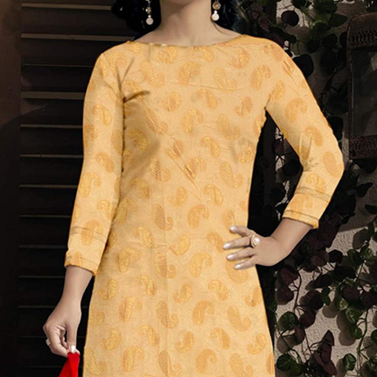 Beige - Yellow Banarasi Jacquard Suit - Peachmode