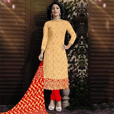 Beige - Yellow Banarasi Jacquard Suit - Peachmode