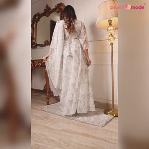 Off White Floral Printed With Stone Work Georgette Gown