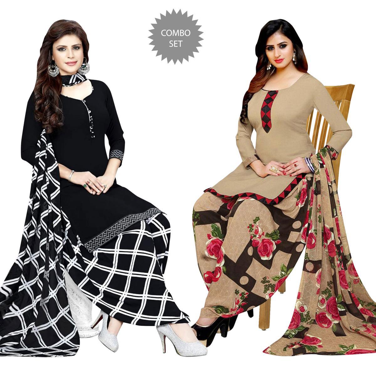 Black & Beige Casual Wear Printed Crepe Patiala Dress Material - Pack Of 2 - Peachmode