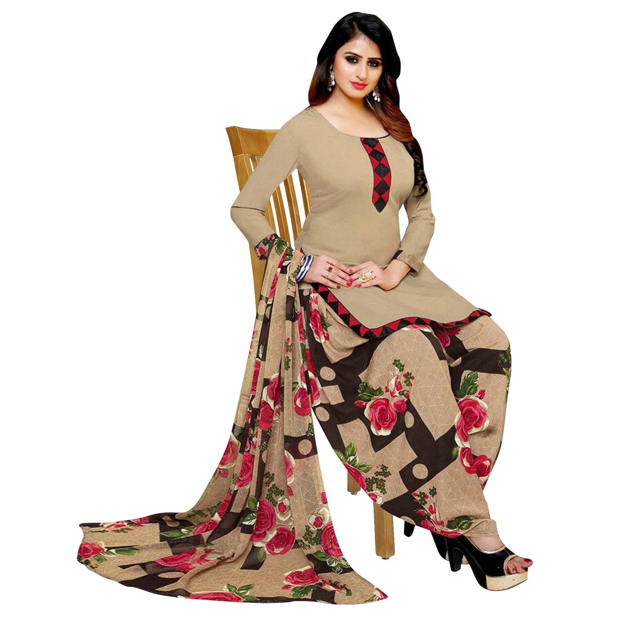 Black & Beige Casual Wear Printed Crepe Patiala Dress Material - Pack Of 2 - Peachmode