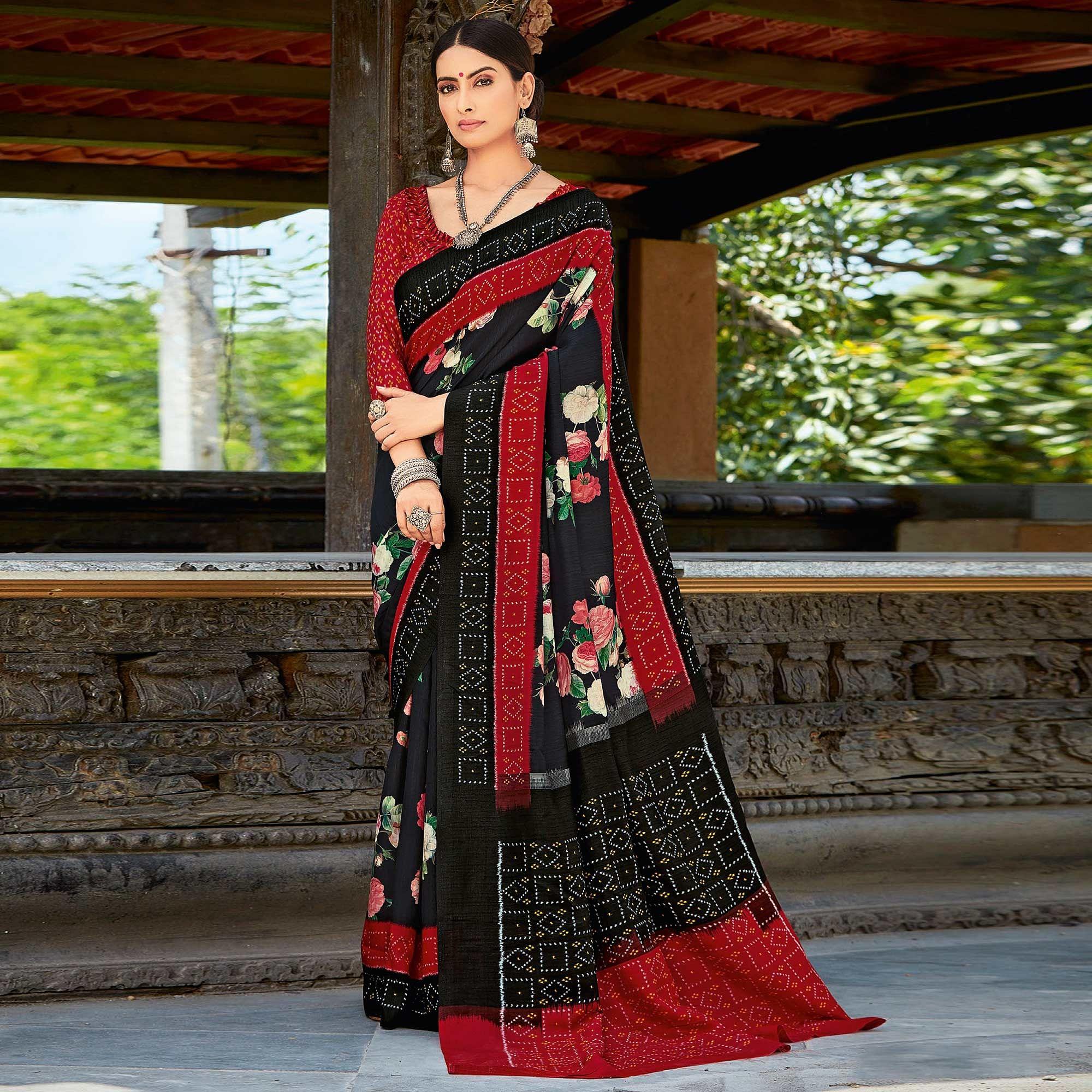 Black & Red Casual Wear Printed Silk Saree - Peachmode