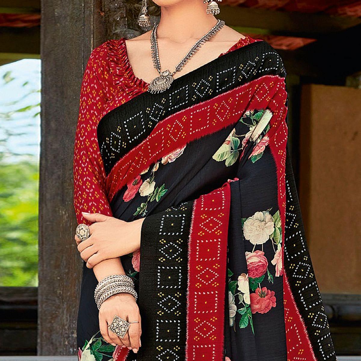 Black & Red Casual Wear Printed Silk Saree - Peachmode