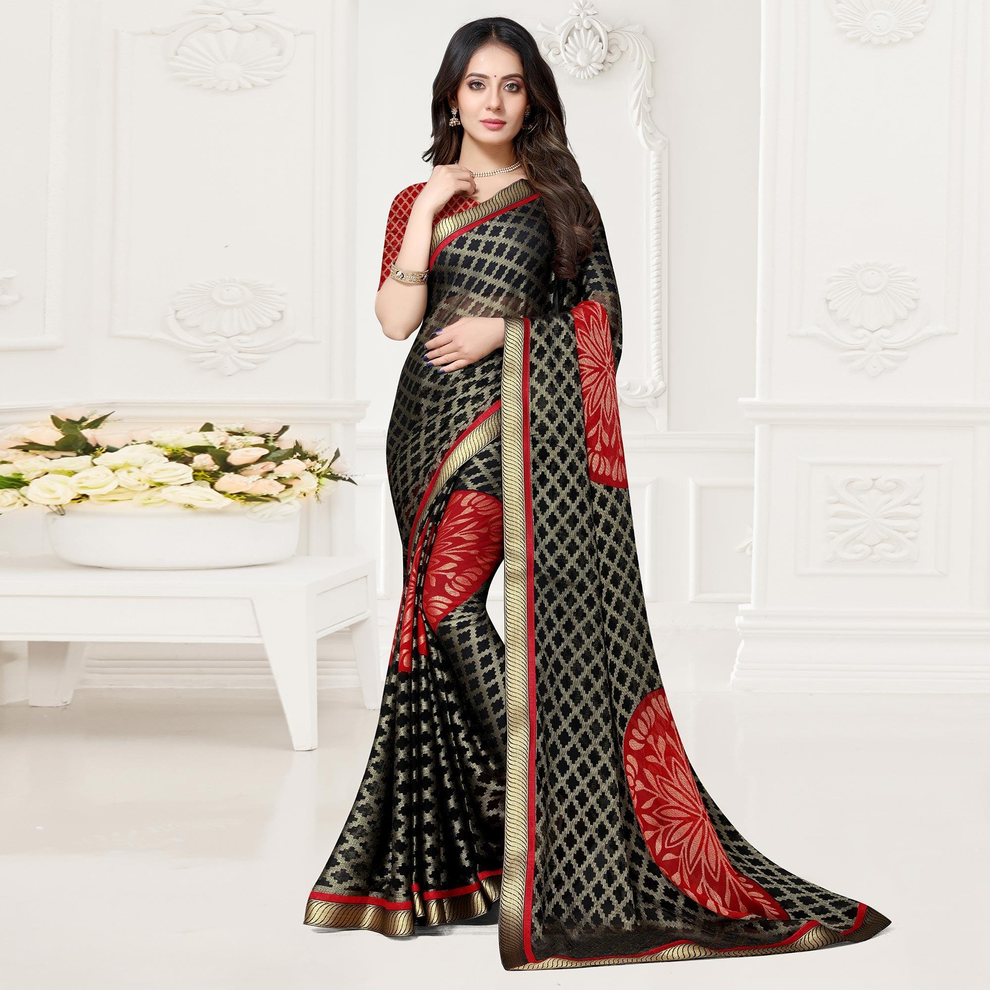 Black & Red Festive Wear Checks Printed Chiffon Brasso Saree - Peachmode