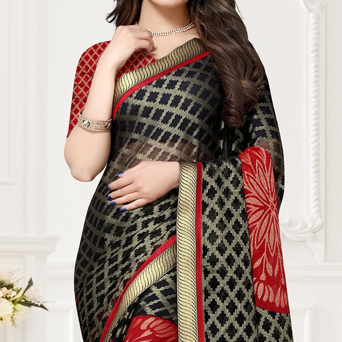 Black & Red Festive Wear Checks Printed Chiffon Brasso Saree - Peachmode