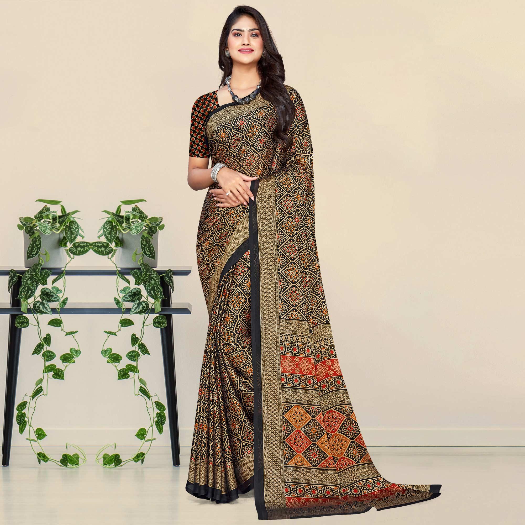 Black Bandhani Printed Chiffon Saree - Peachmode