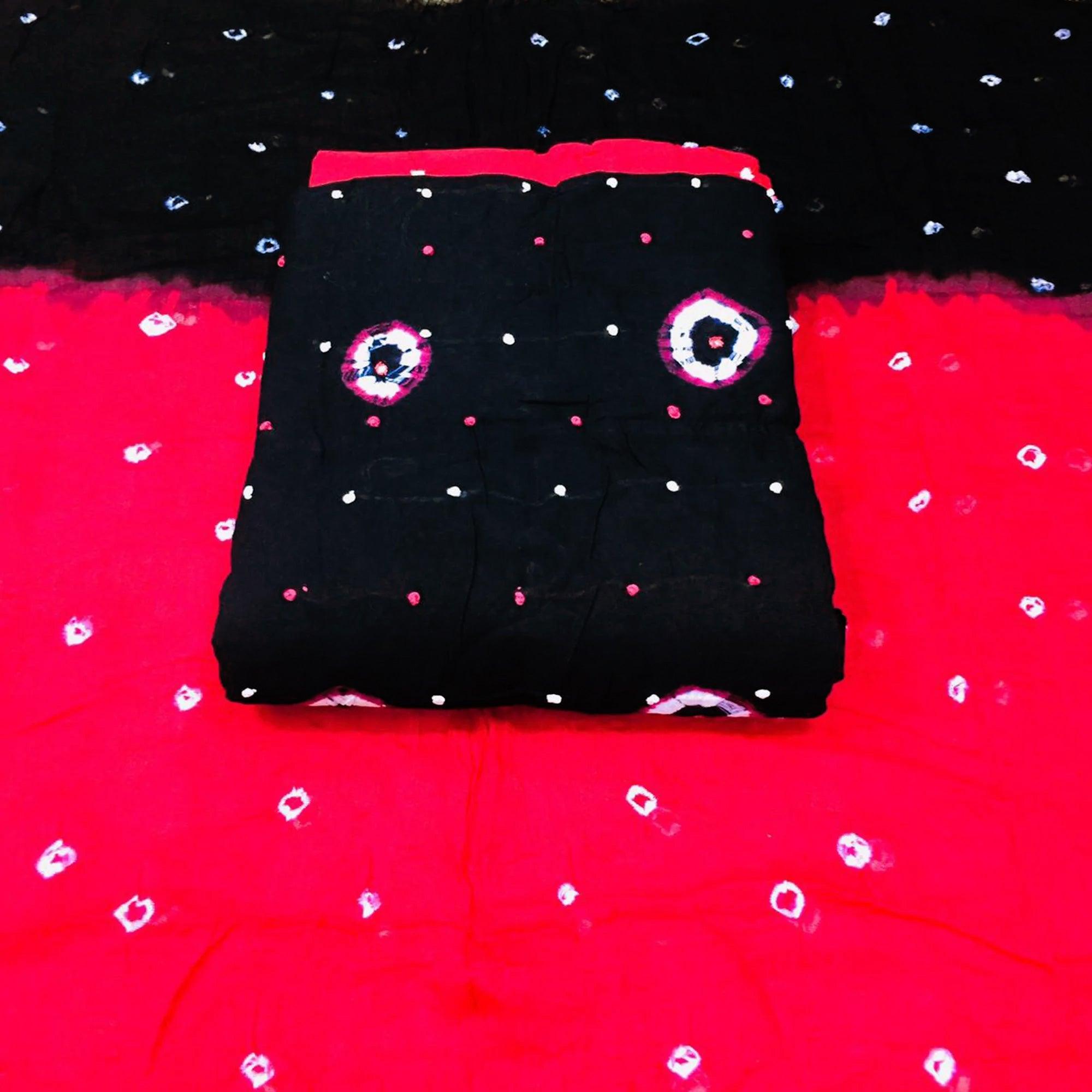 Black Bandhani Printed Cotton Blend Dress Material - Peachmode