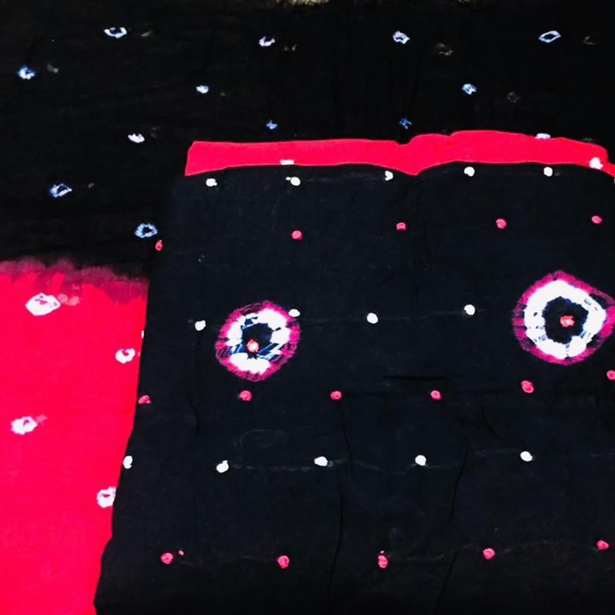 Black Bandhani Printed Cotton Blend Dress Material - Peachmode