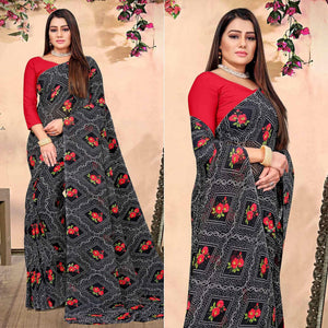 Black Bandhani Printed Georgette Saree - Peachmode