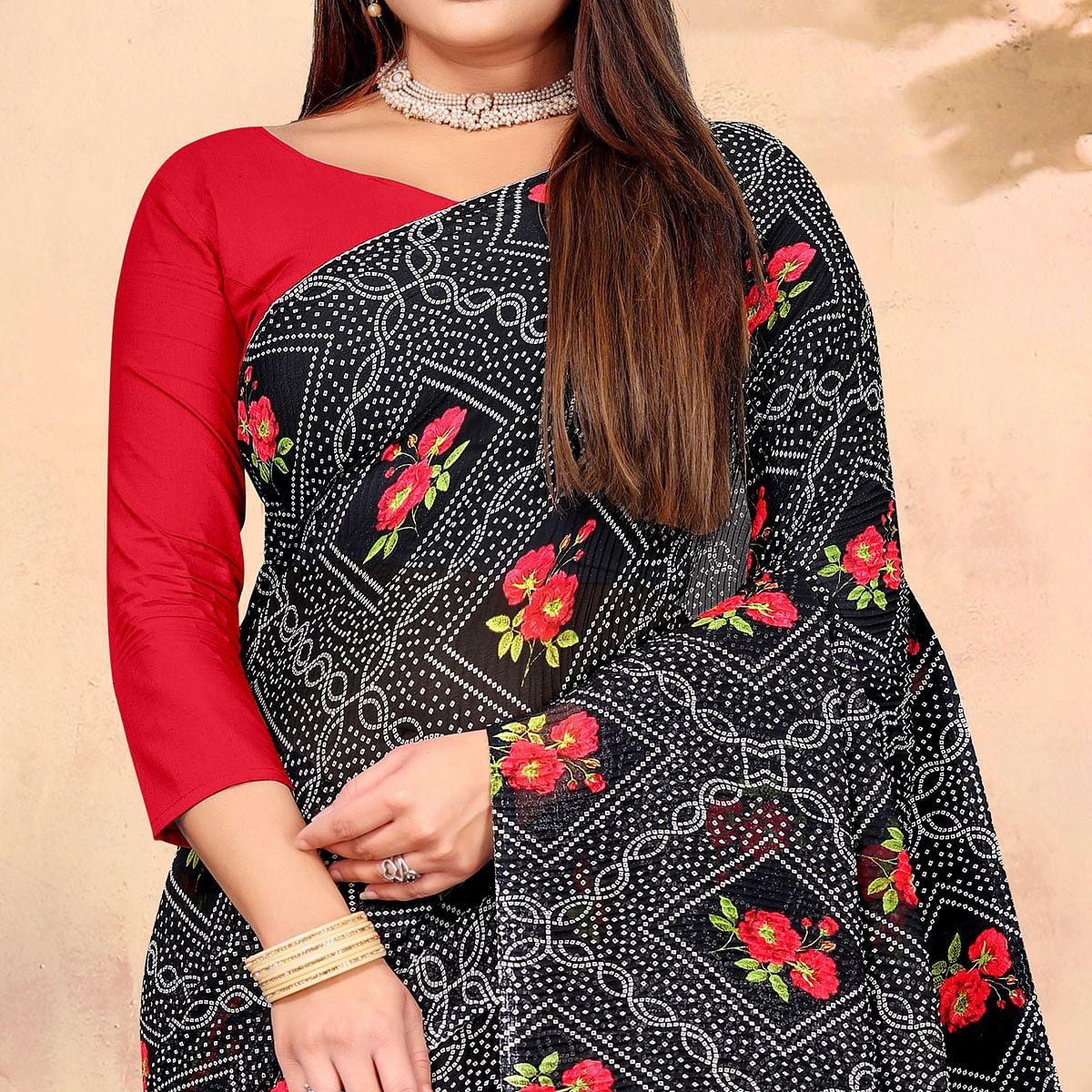 Black Bandhani Printed Georgette Saree - Peachmode
