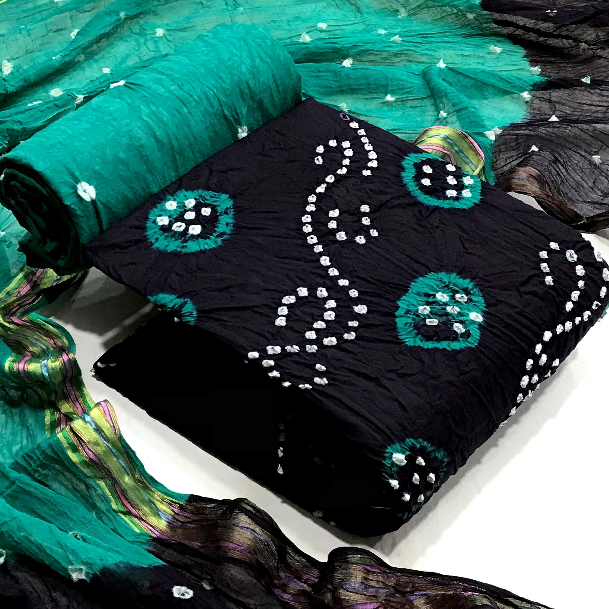 Black Bandhani Printed Pure Cotton Dress Material - Peachmode