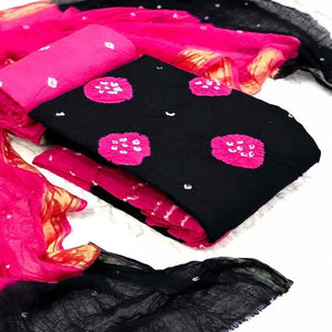 Black Bandhani Printed Pure Cotton Dress Material - Peachmode