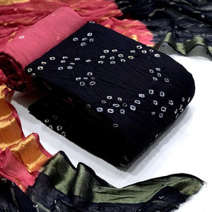 Black Bandhani Printed Pure Cotton Dress Material - Peachmode