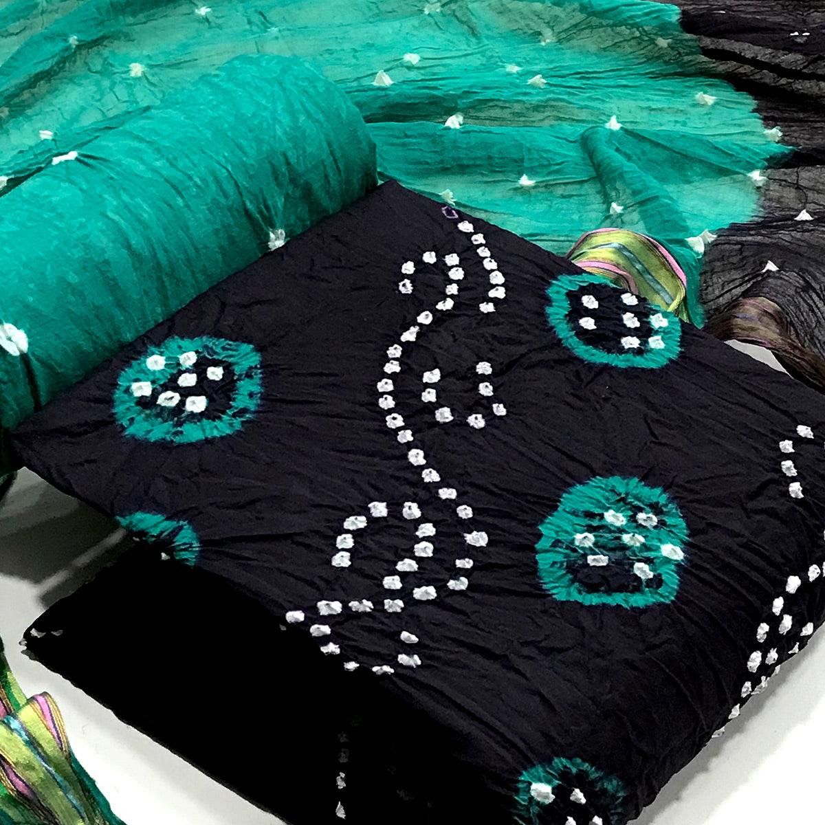 Black Bandhani Printed Pure Cotton Dress Material - Peachmode