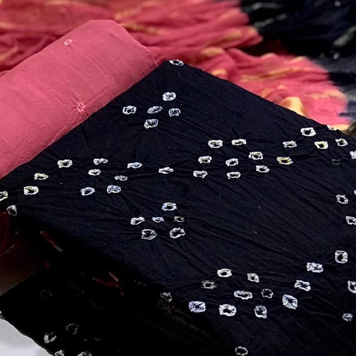 Black Bandhani Printed Pure Cotton Dress Material - Peachmode