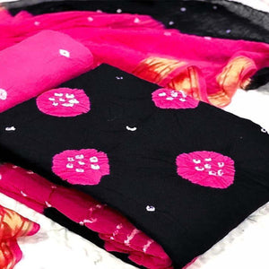 Black Bandhani Printed Pure Cotton Dress Material - Peachmode