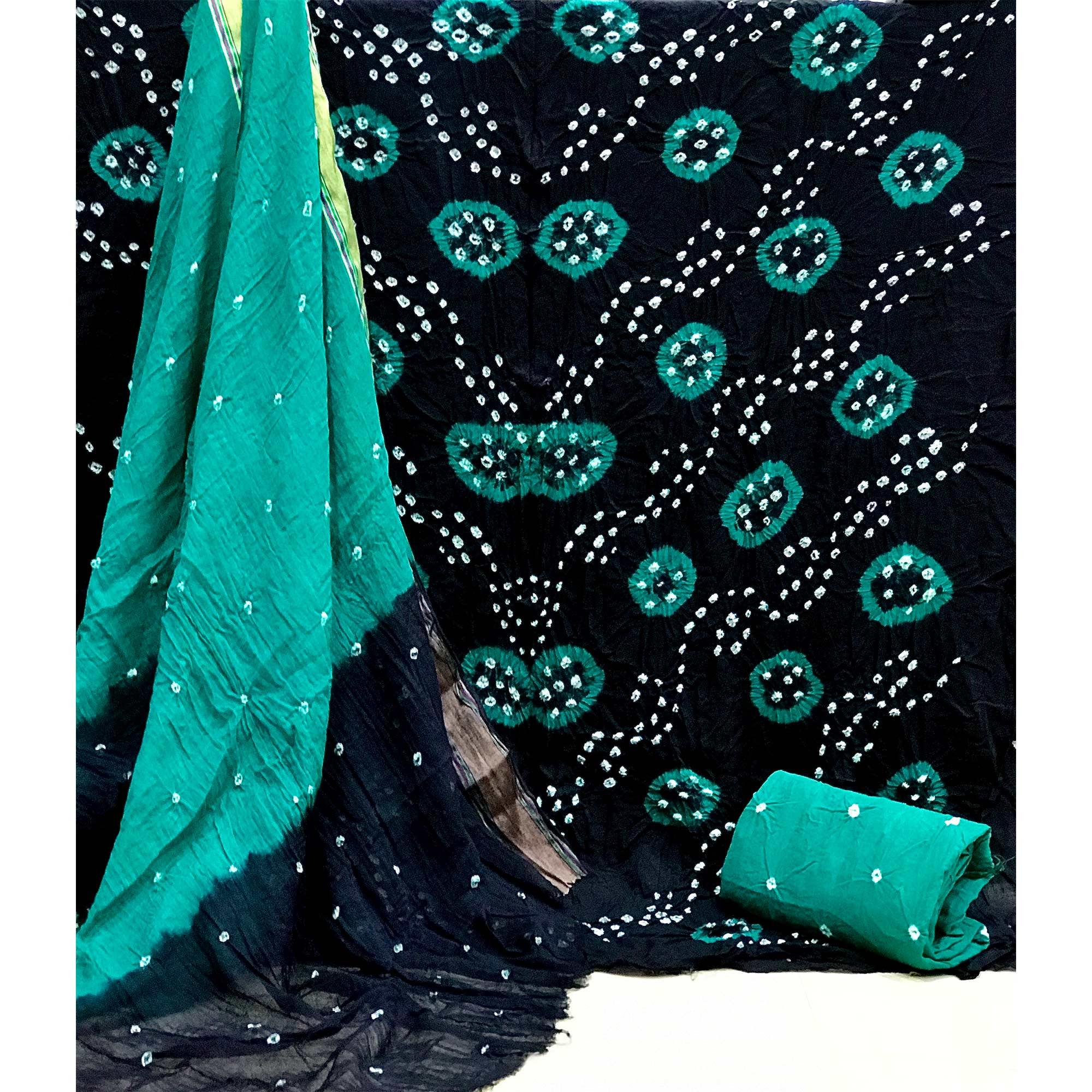 Black Bandhani Printed Pure Cotton Dress Material - Peachmode