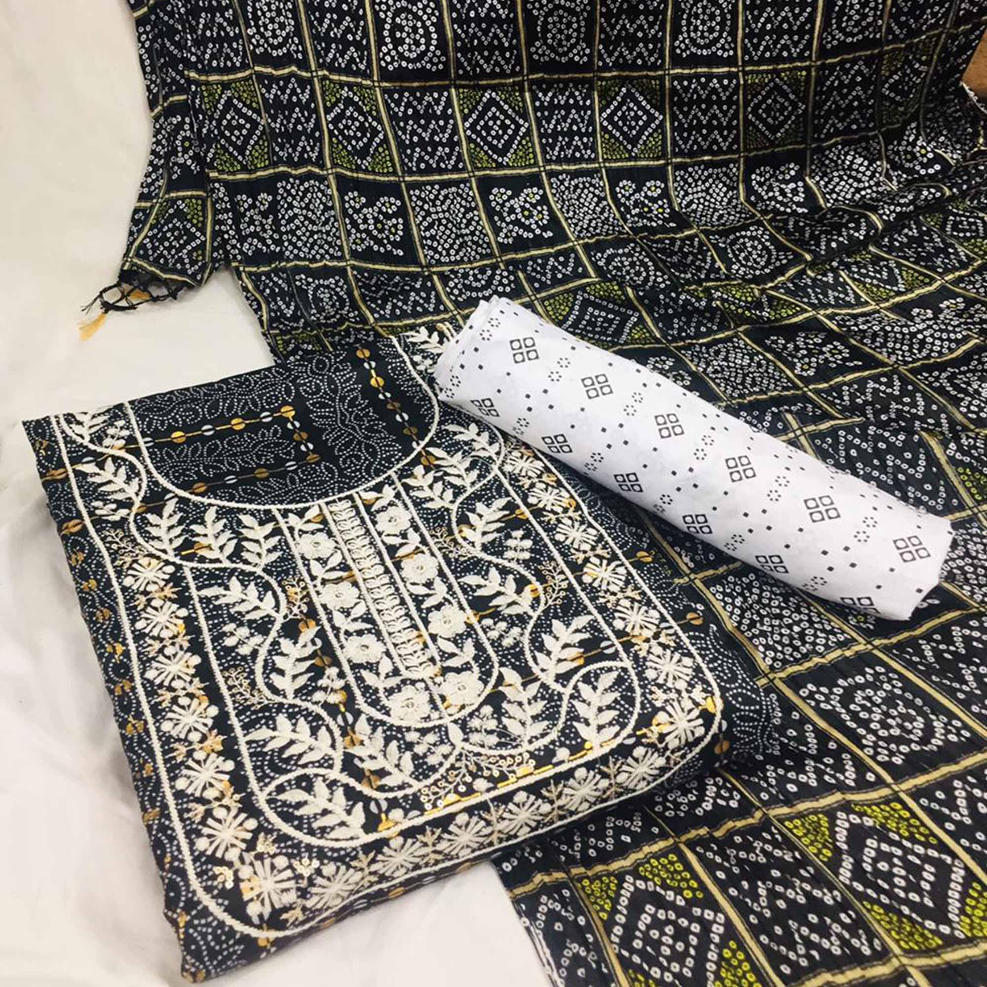 Black Bandhani Printed With Embellished Cotton Blend Dress Material
