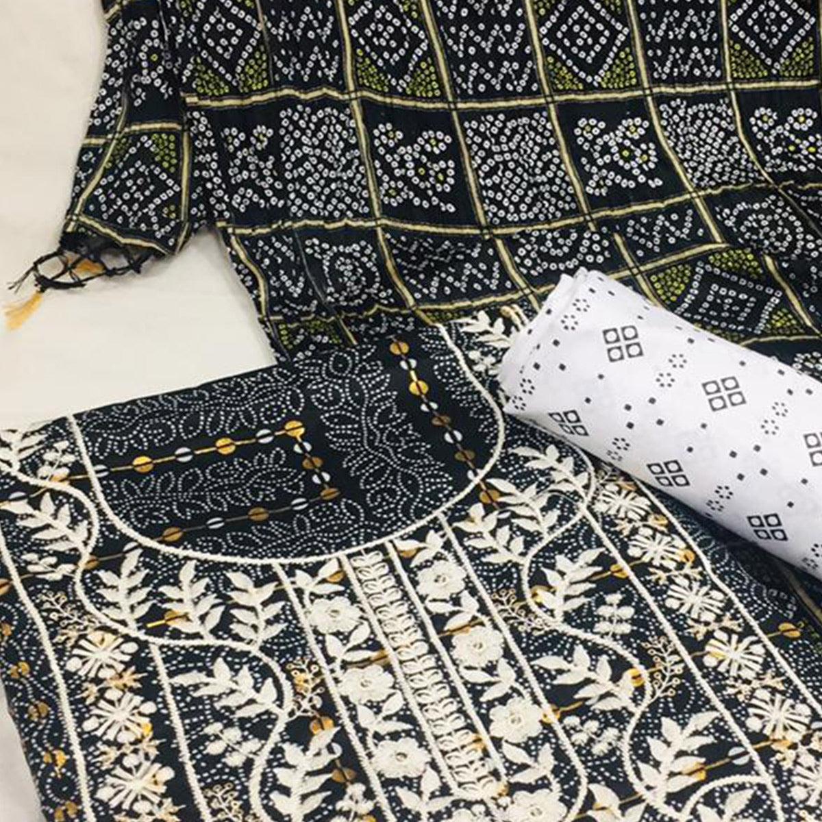 Black Bandhani Printed With Embellished Cotton Blend Dress Material - Peachmode