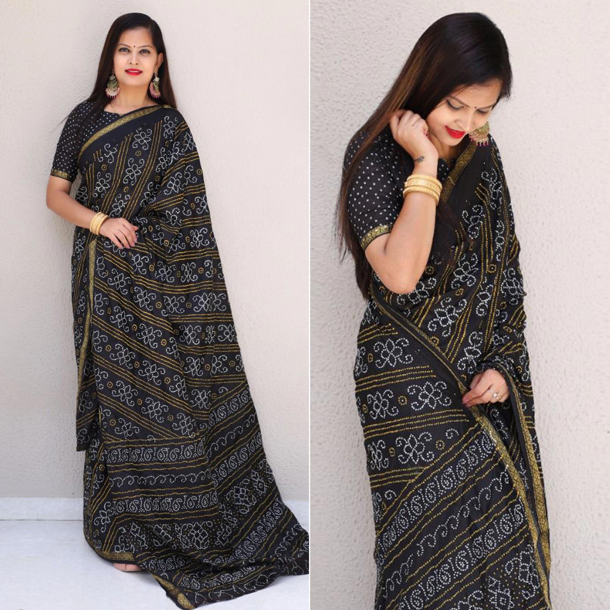 Black Bandhani Printed With Woven Border Tapetta Silk Saree - Peachmode