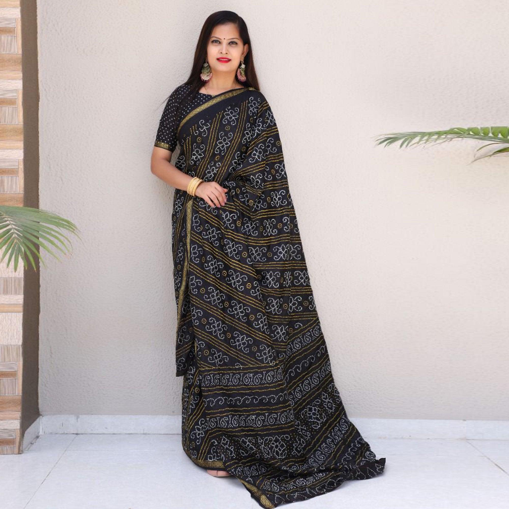 Black Bandhani Printed With Woven Border Tapetta Silk Saree - Peachmode