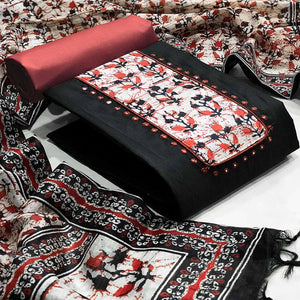 Black Batik Printed Art Silk Dress Material - Peachmode