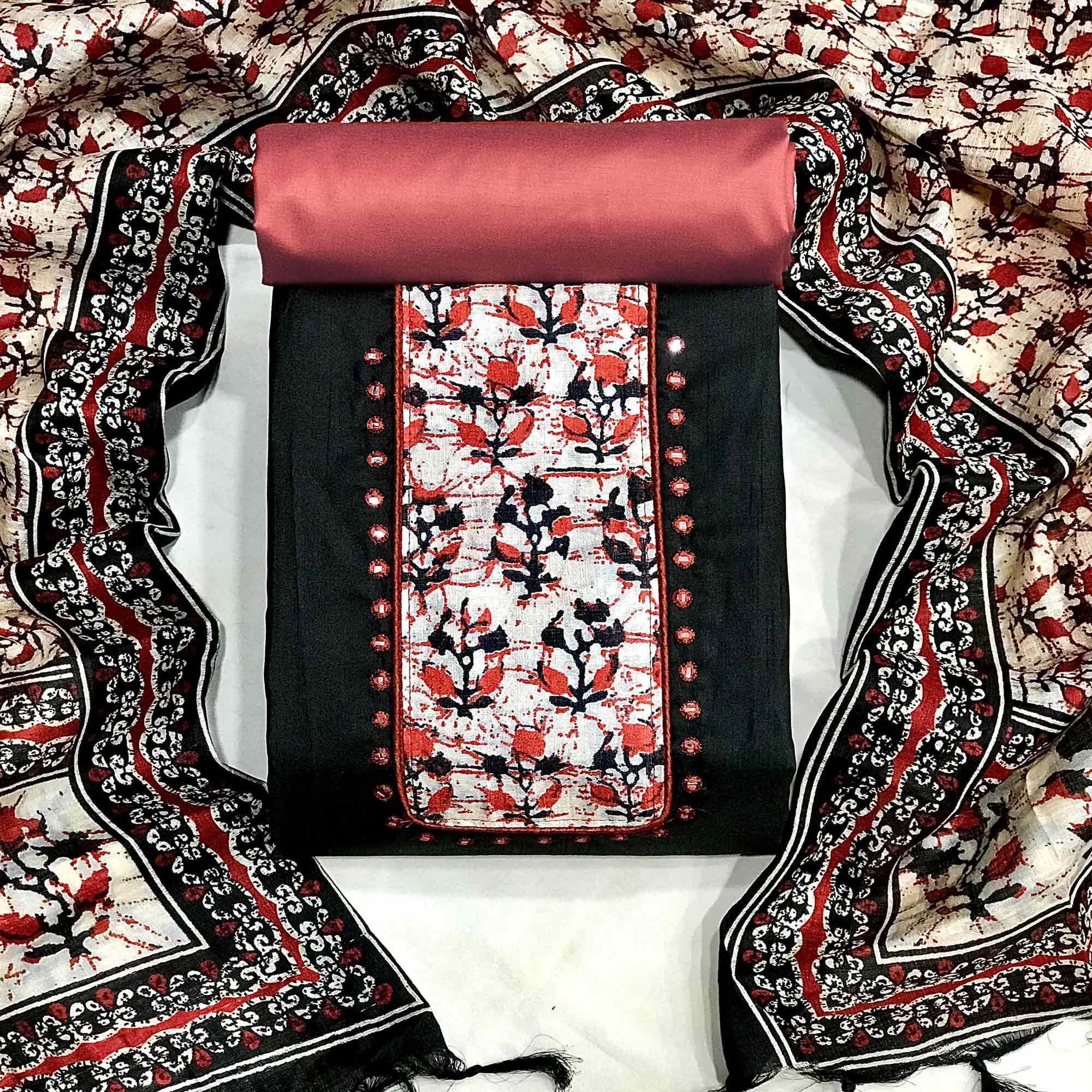 Black Batik Printed Art Silk Dress Material - Peachmode